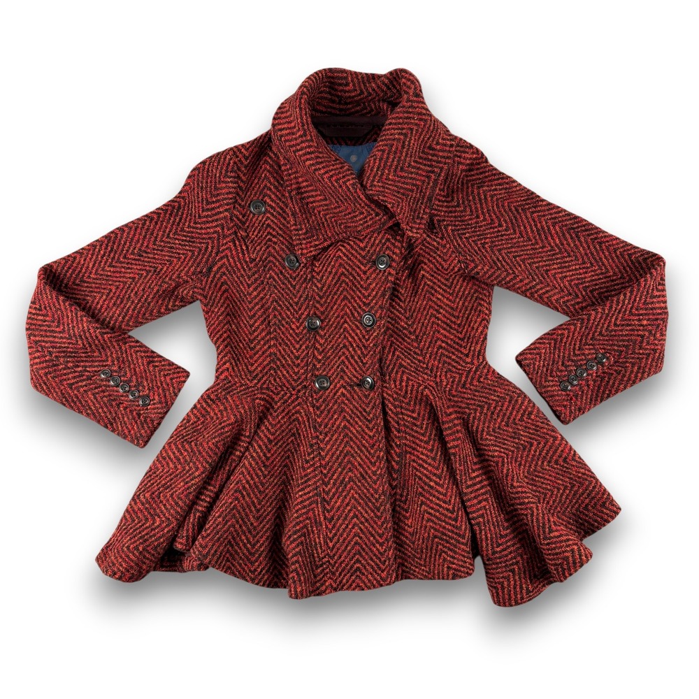 Free People We the Free Coat Womens M Red Black Chevron Peplum‎ Double Breasted